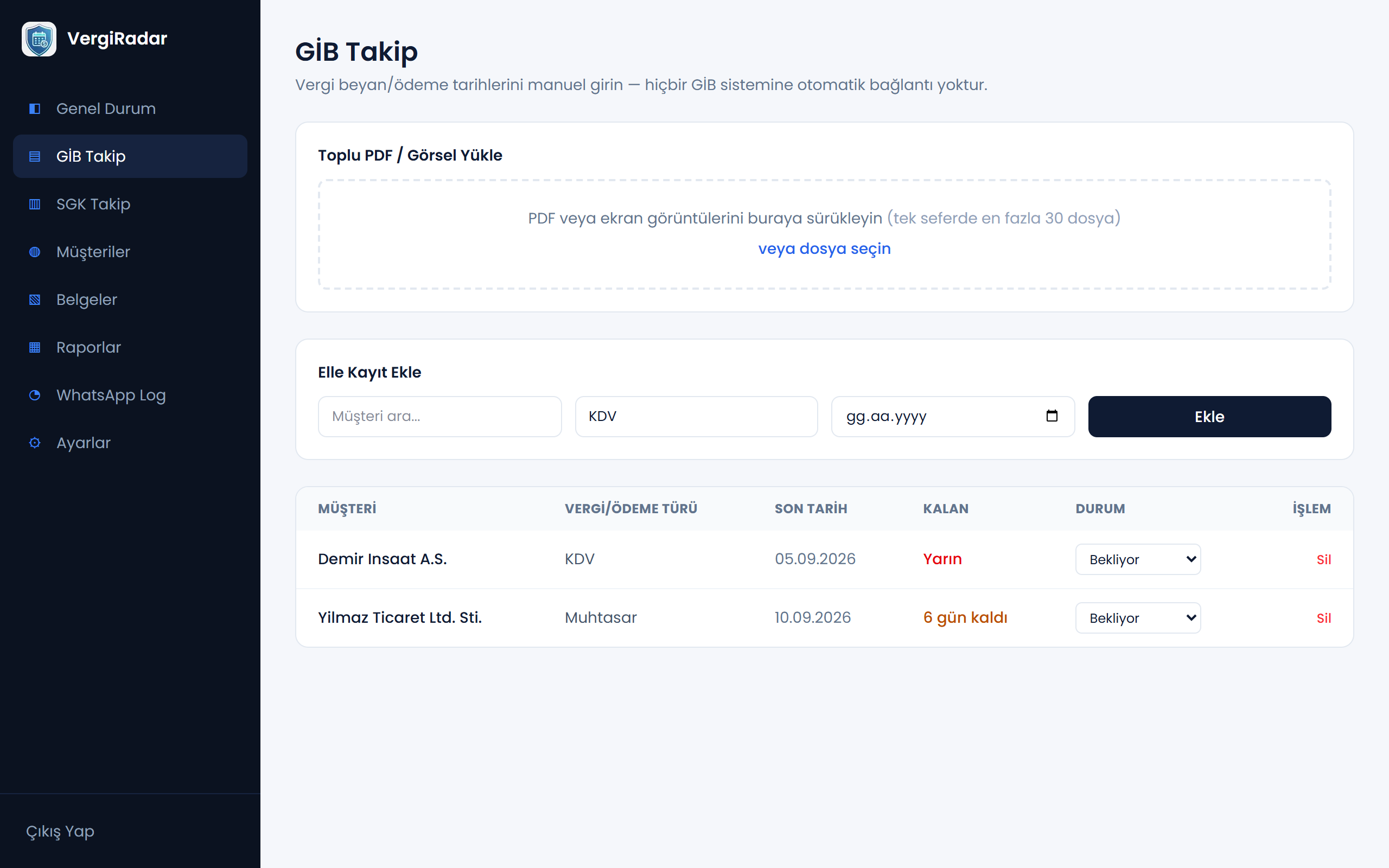 VergiRadar GİB takip ve PDF yükleme ekranı